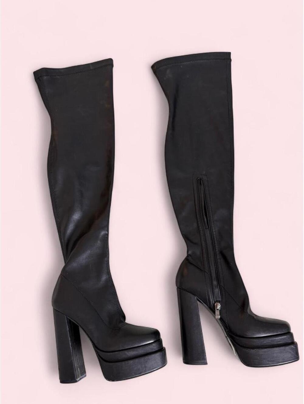 Black leather thigh high boots with platform and chunky heel